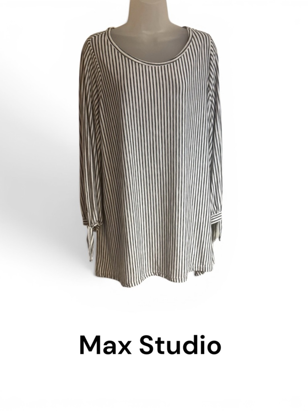 Max Studio Black and White Striped Tie-Cuff Top  PLUS: 2X    #14